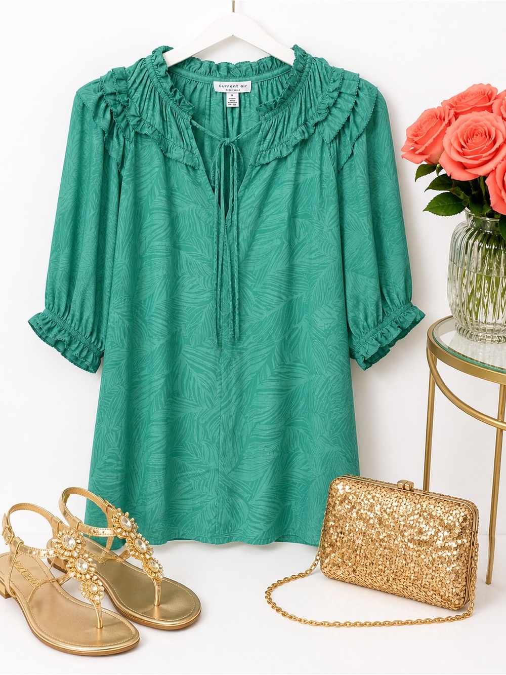 Current Air Teal Ruffle-Neck Peasant Blouse